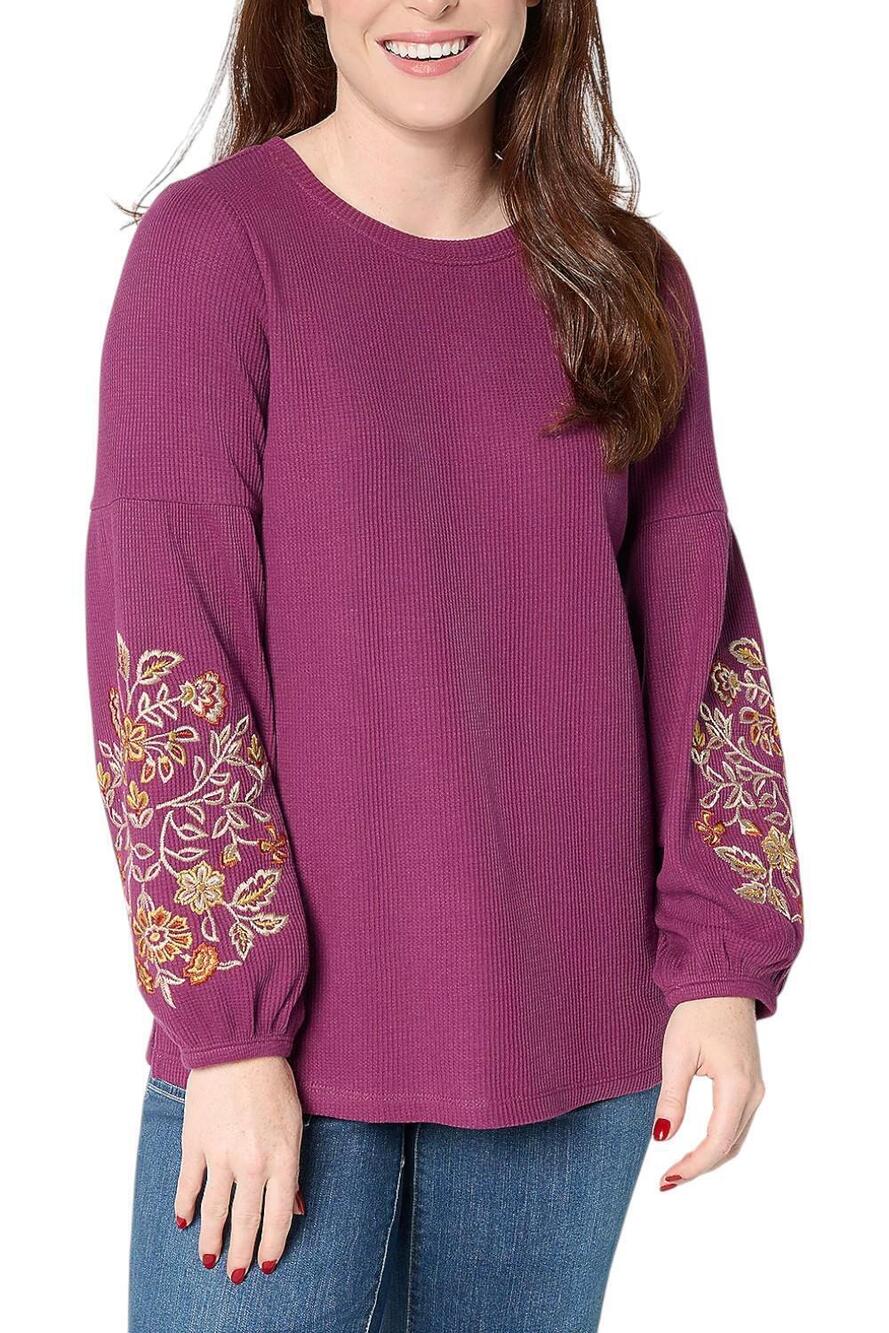 Belle Boho by Kim Gravel Women's Waffle Knit Embroidered Top Plum - Regular